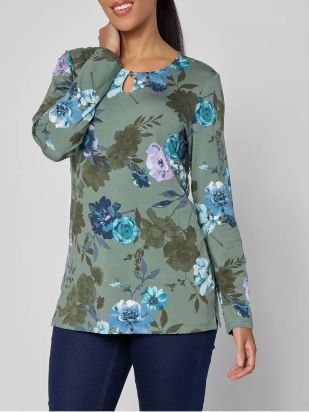 Denim & Co. Printed So Soft Jersey Keyhole Top Meadow Green Size Small Floral